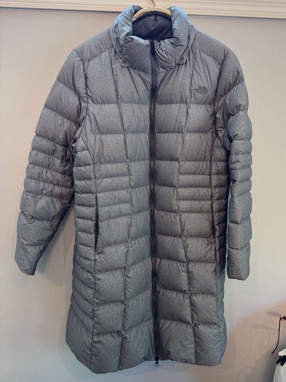 The North Face Women's Long Gray Heather Puffer Coat with Detachable Hood